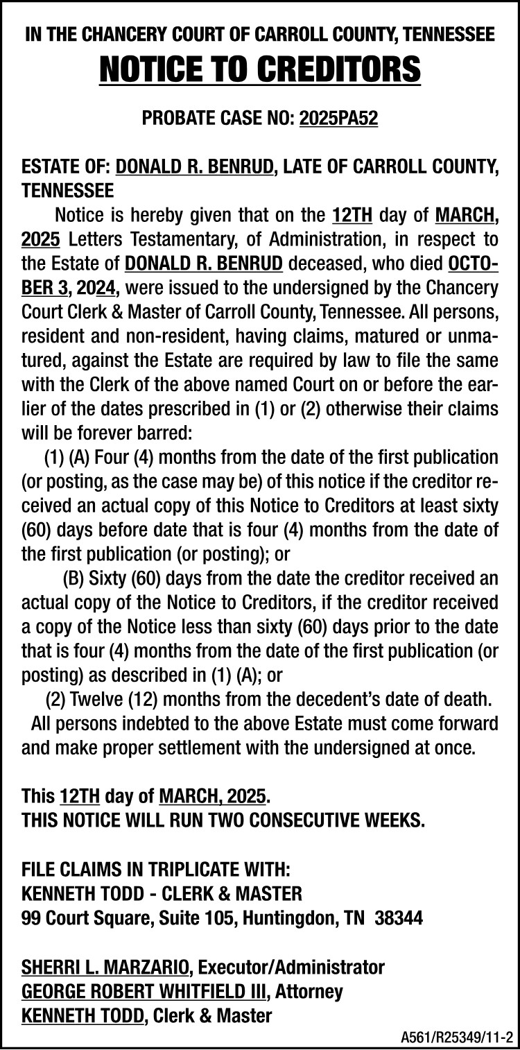 Notice to Creditors - BENRUD