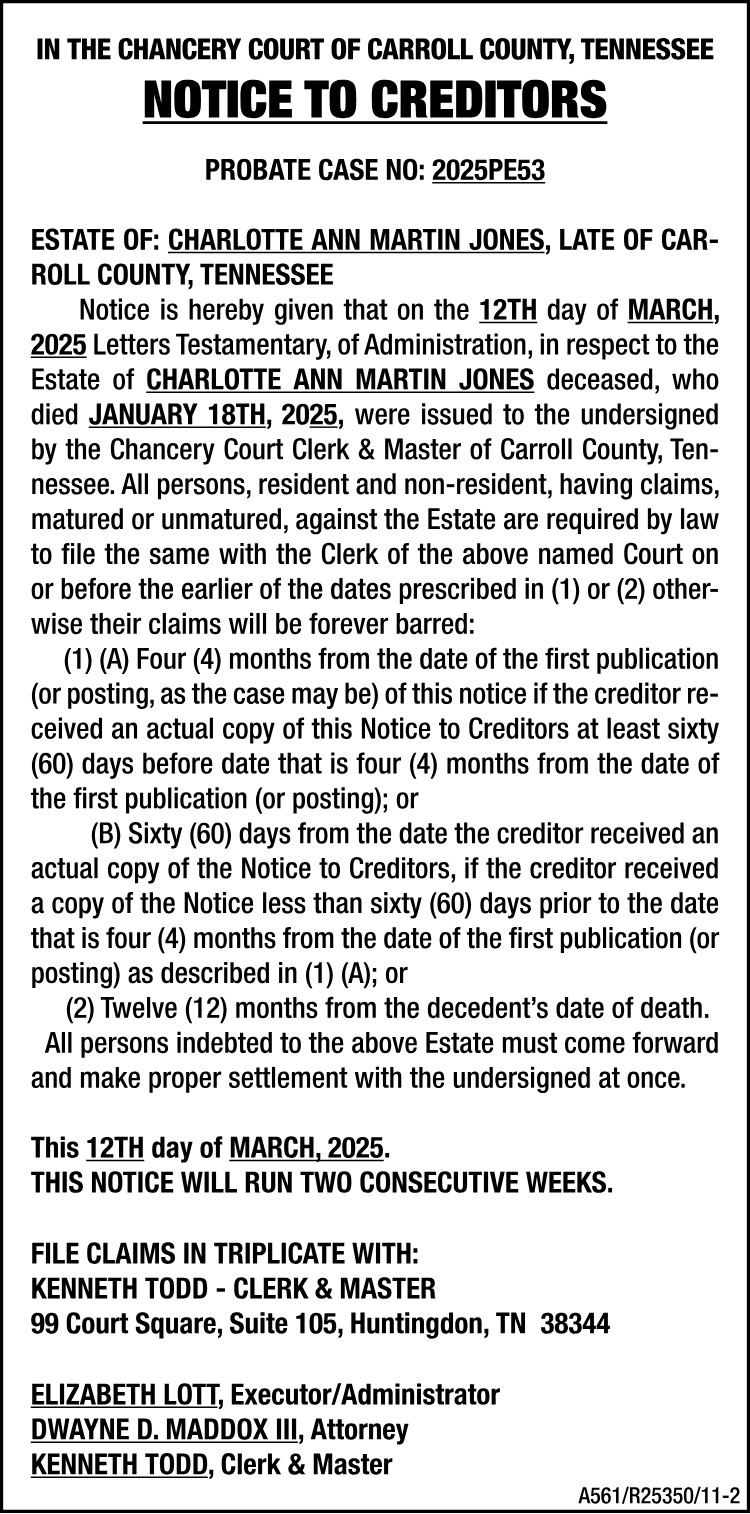 Notice to Creditors - JONES