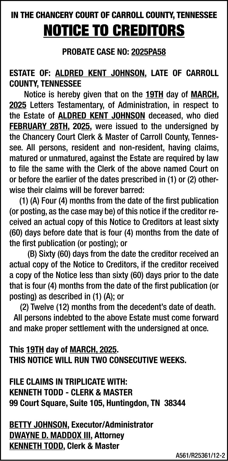 Notice to Creditors - JOHNSON