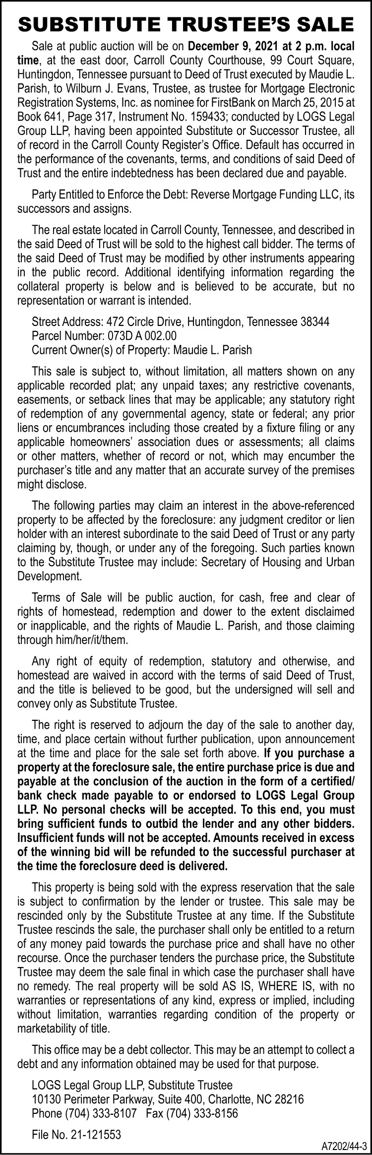 Substitute Trustee's Sale - PARISH