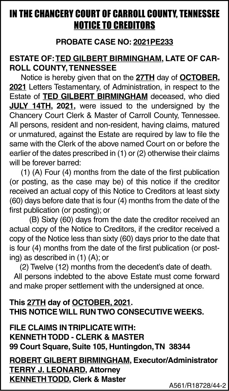 Notice to Creditors - BIRMINGHAM