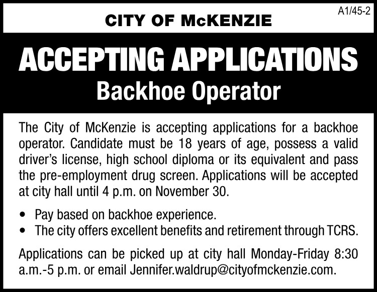 City of McKenzie - Hiring Backhoe Operator