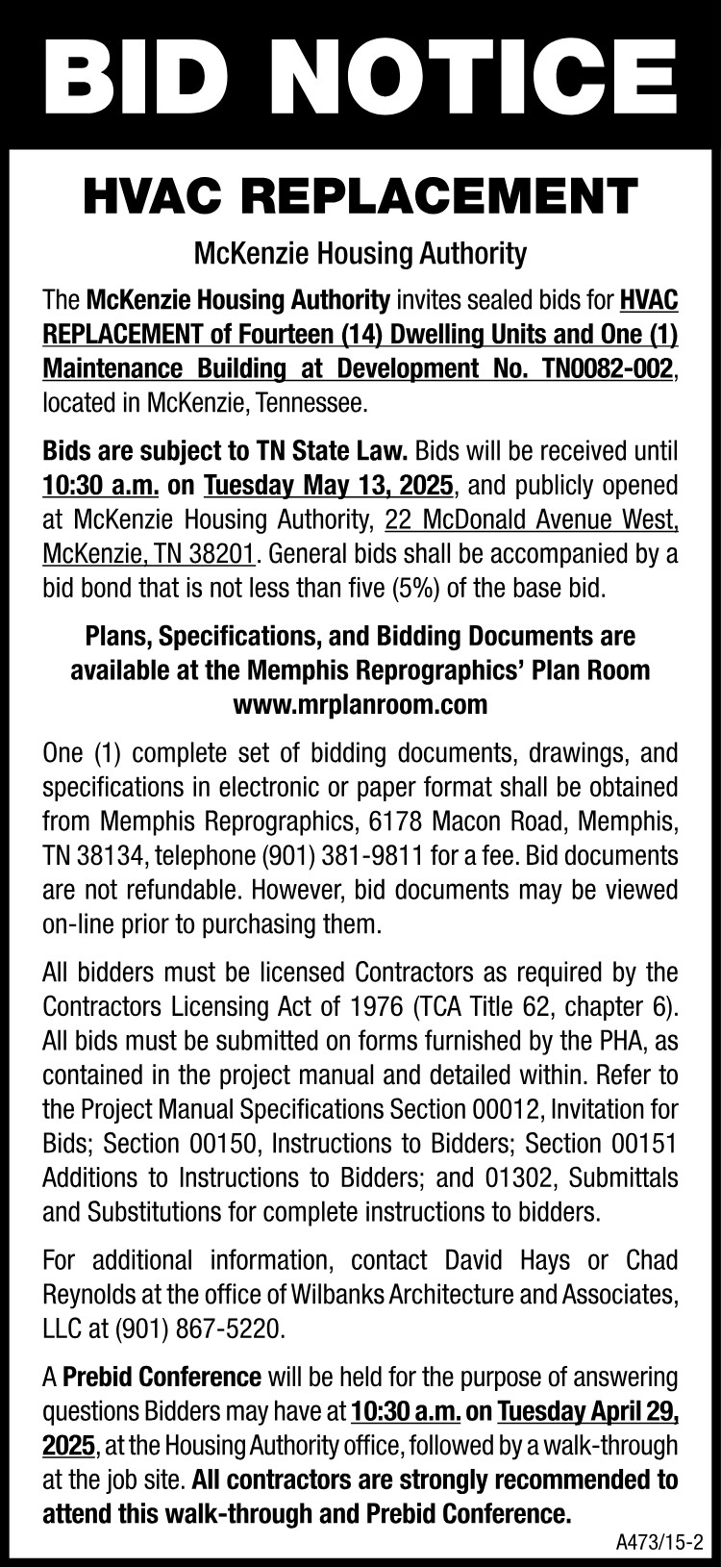 Bid Notice - McKenzie Housing Authority HVAC