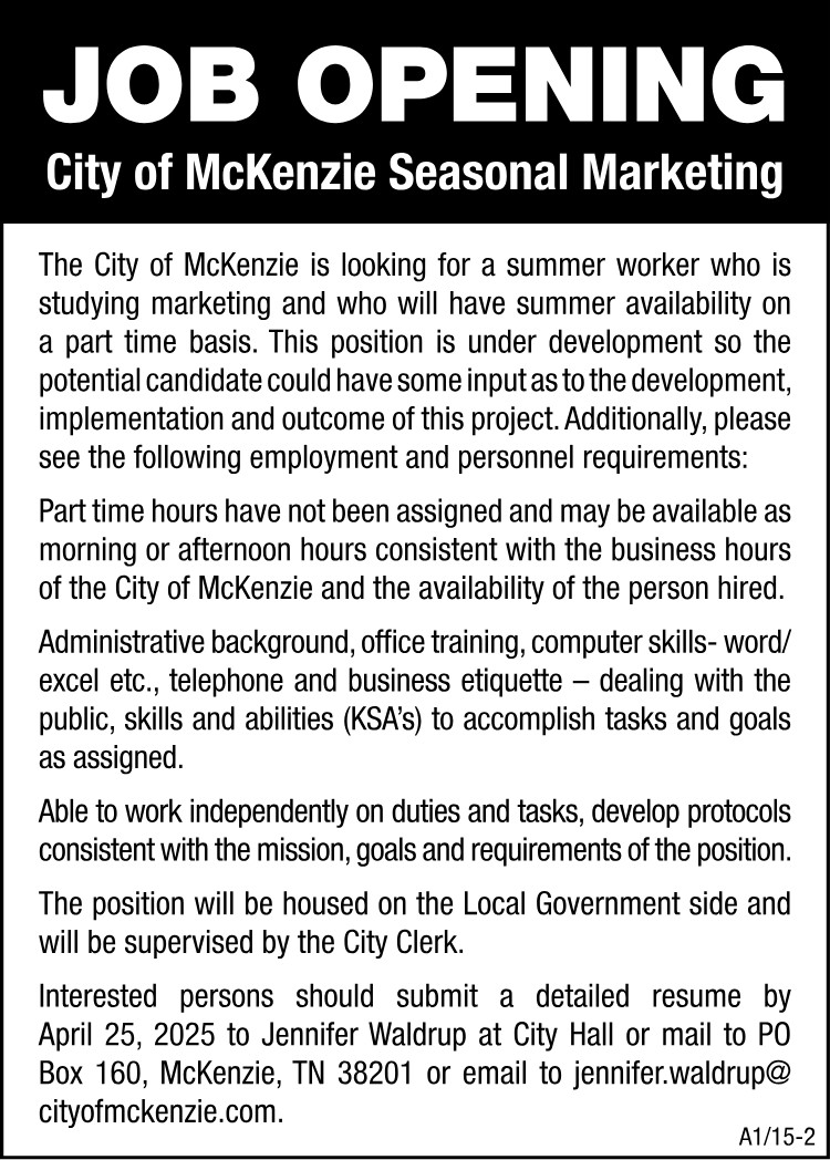 City of McKenzie Job Opening - Seasonal Marketing