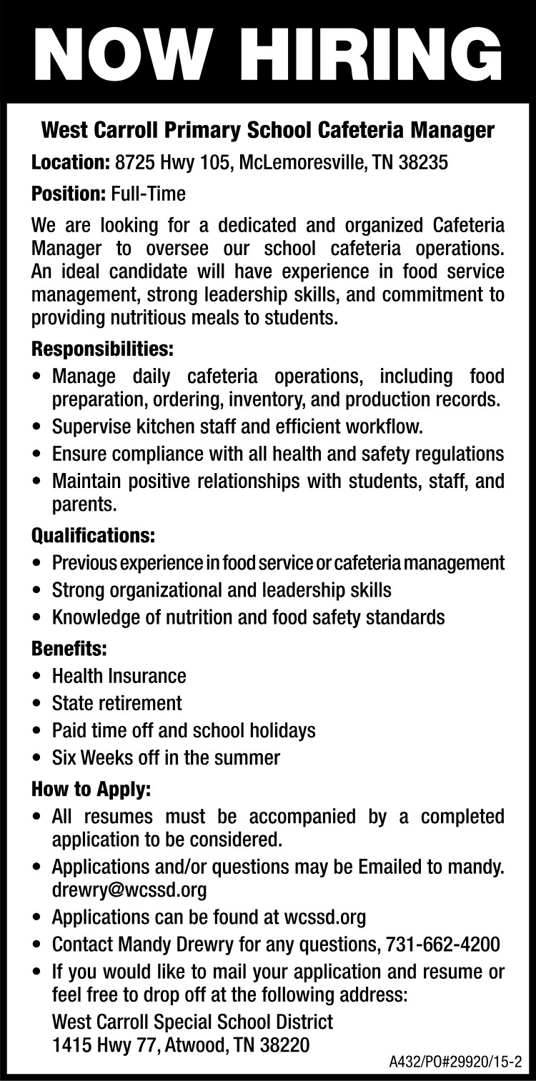 WCSSD Now Hiring - Cafeteria Manager
