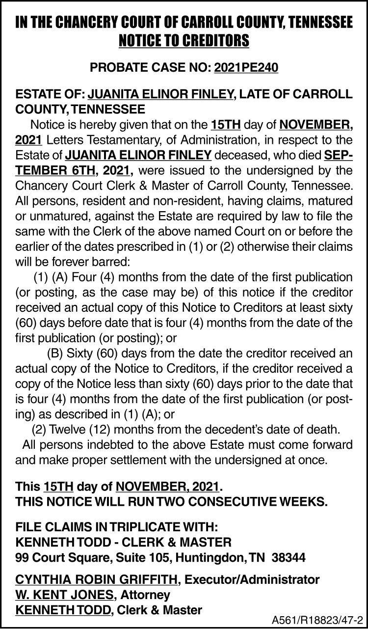 Notice to Creditors - FINLEY