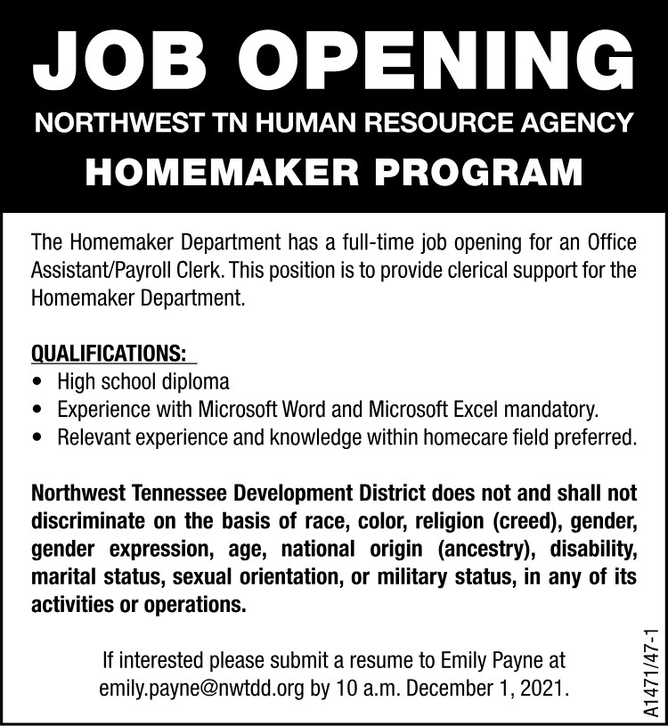 NWTN Human Resource Agency Hiring Homemaker Program