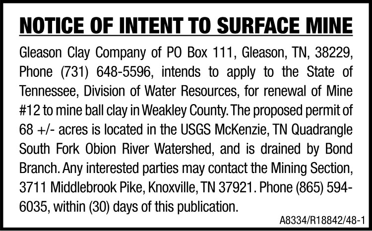 Notice of Intent to Surface Mine - Gleason Clay