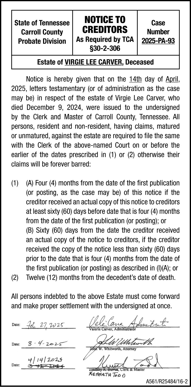 Notice to Creditors - CARVER