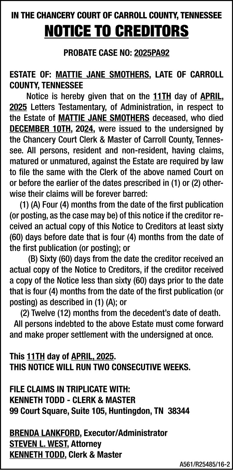 Notice to Creditors - SMOTHERS