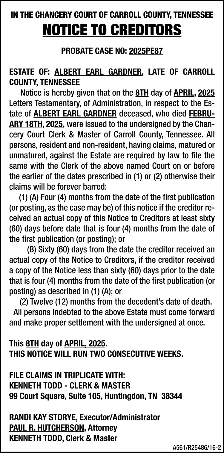 Notice to Creditors - GARDNER
