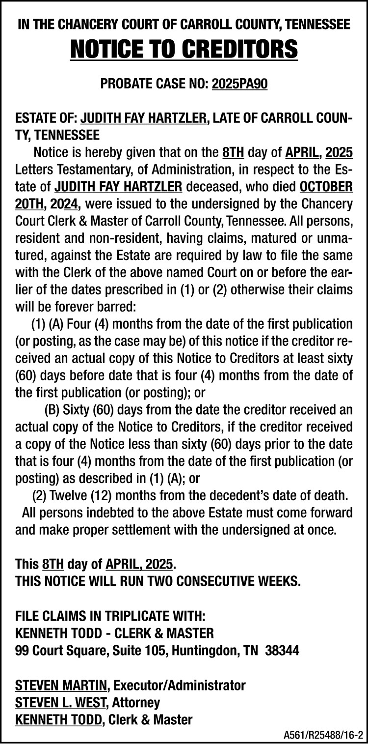 Notice to Creditors - HARTZLER