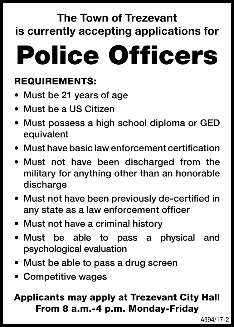 Town of Trezevant Accepting Applications - Police Officers