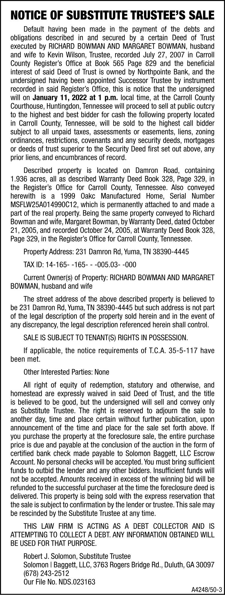 Notice of Substitute Trustee Sale - Bowman