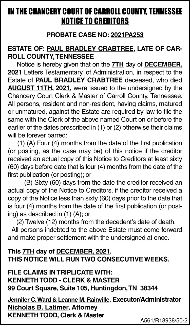 Notice to Creditors - CRABTREE