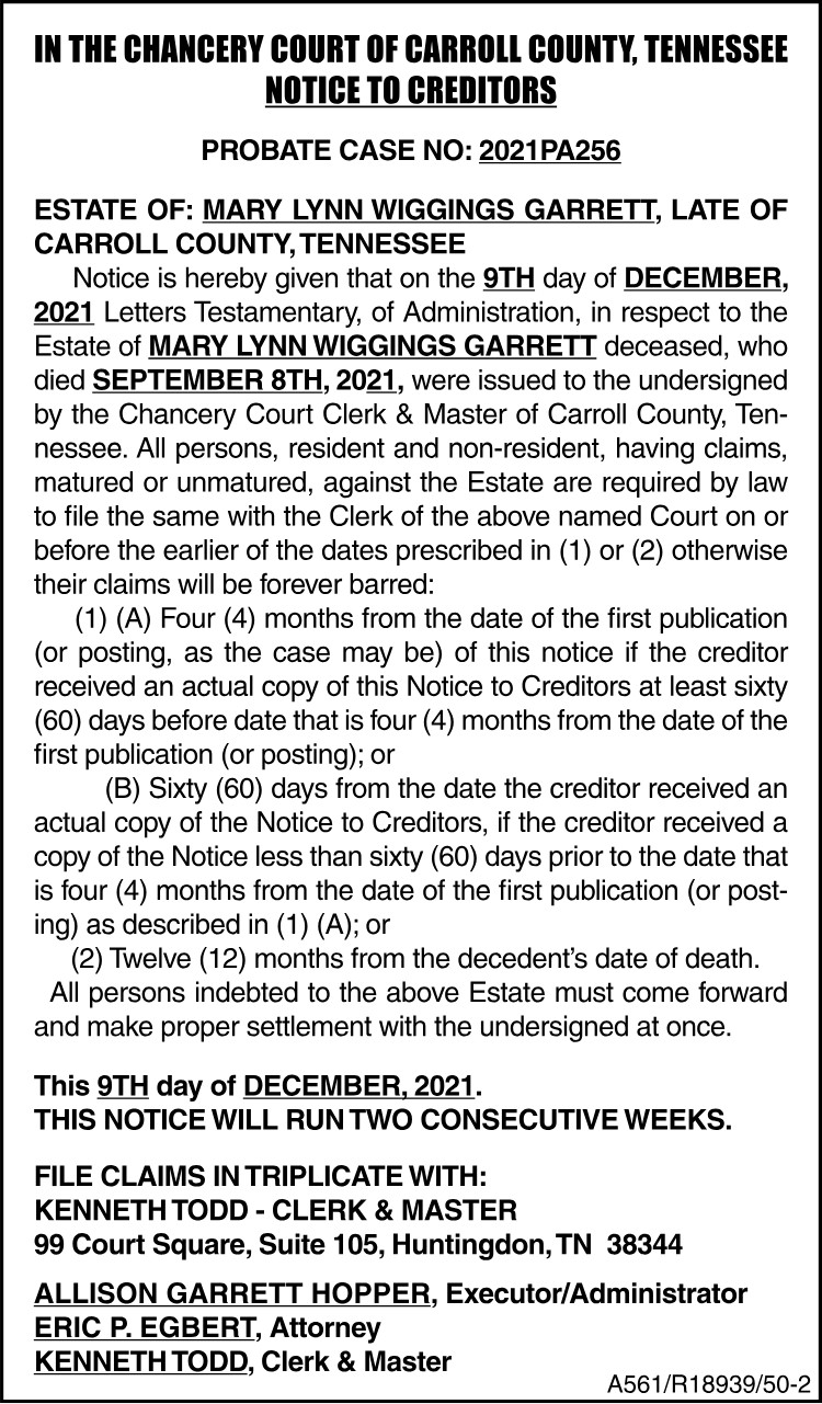 Notice to Creditors - GARRETT