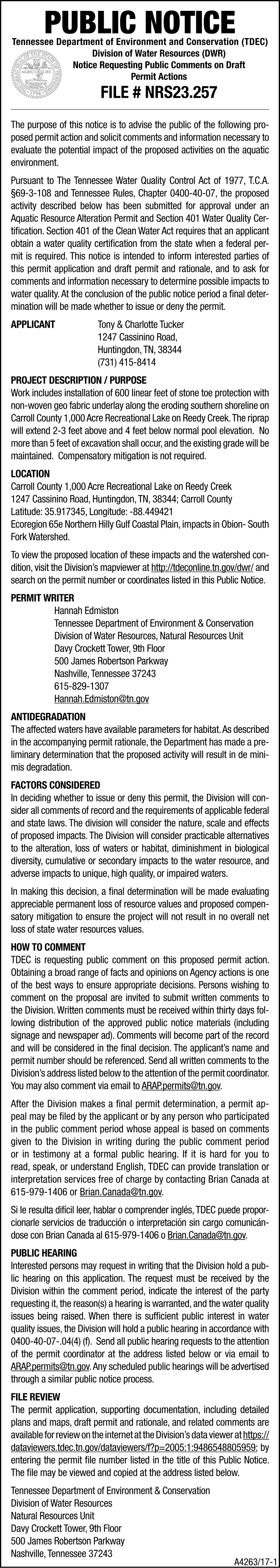 Public Notice TDEC Tony Tucker