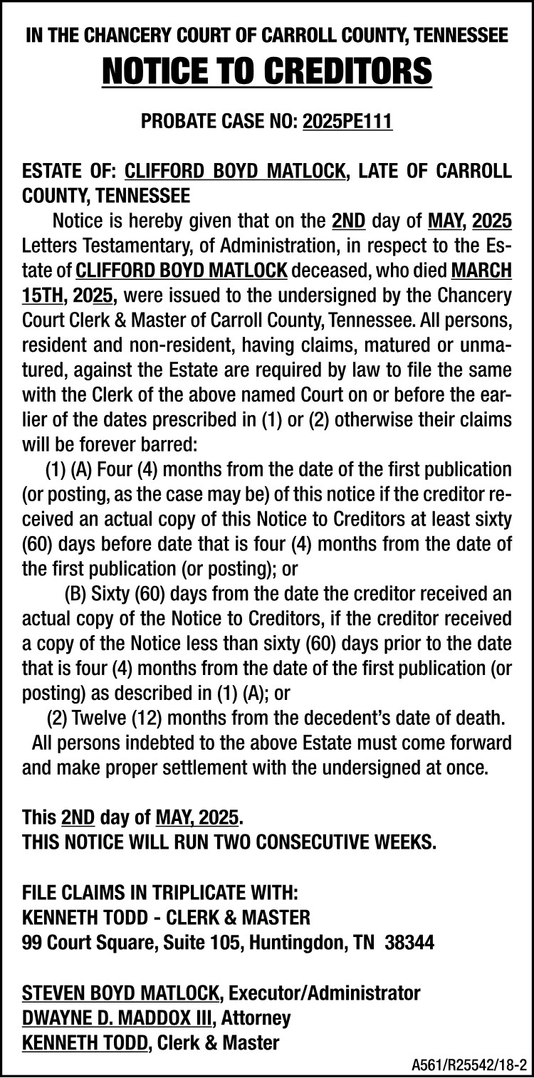 Notice to Creditors - MATLOCK