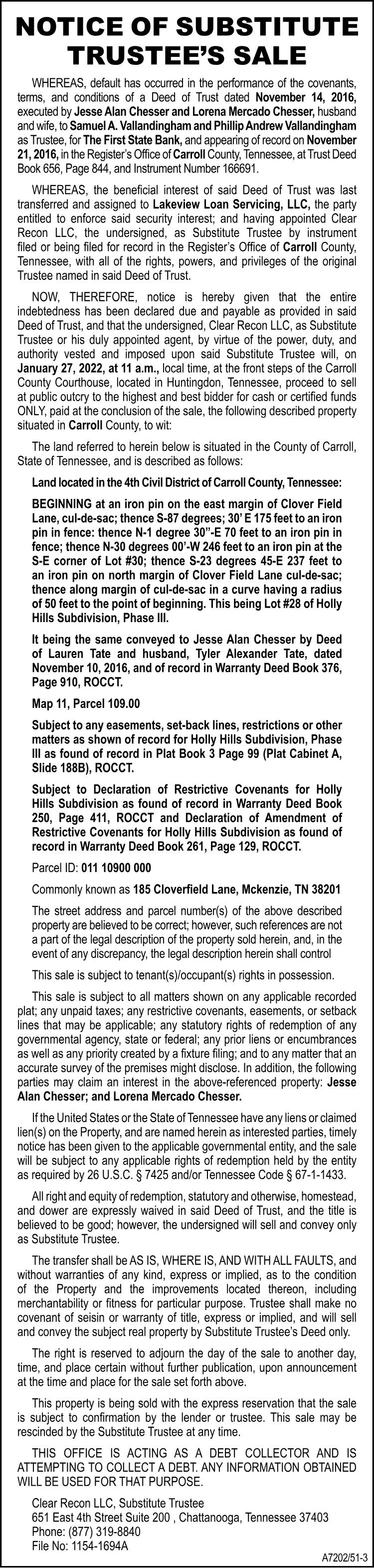 Notice of Substitute Trustee Sale - CHESSER