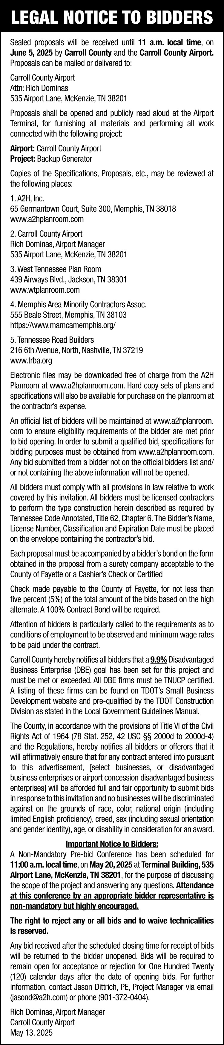 Notice to Bidders - Carroll County Airport Generator