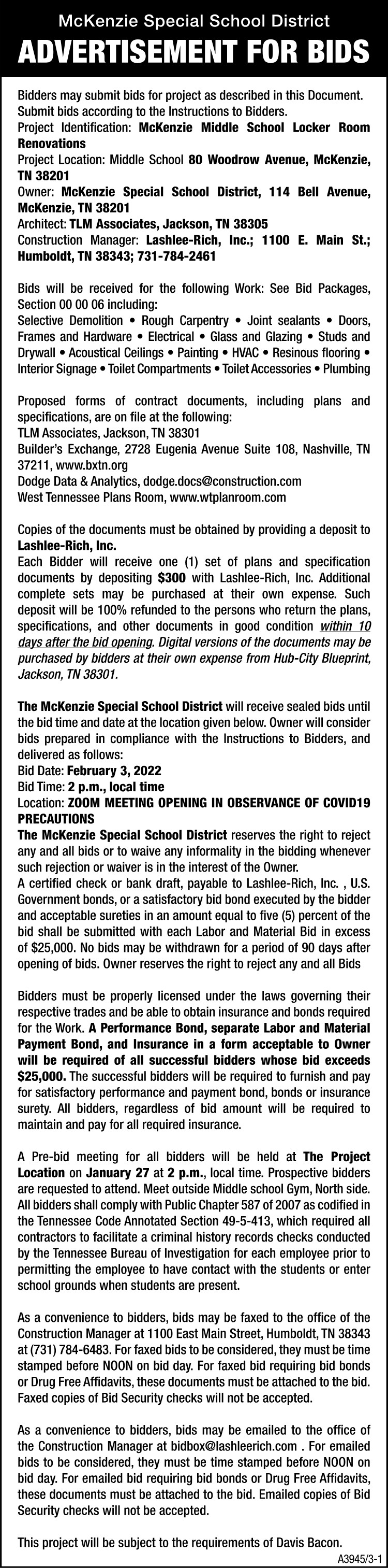 Advertisement for Bids - MMS Locker Room