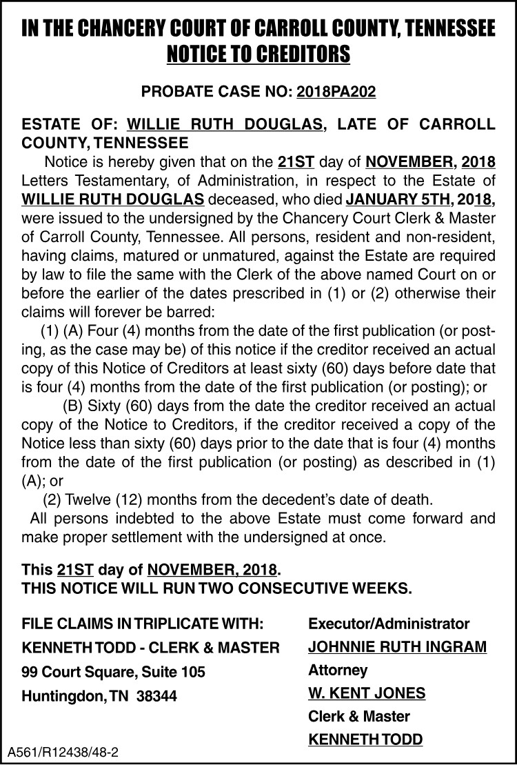 Notice to Creditors - Willie Ruth Douglas