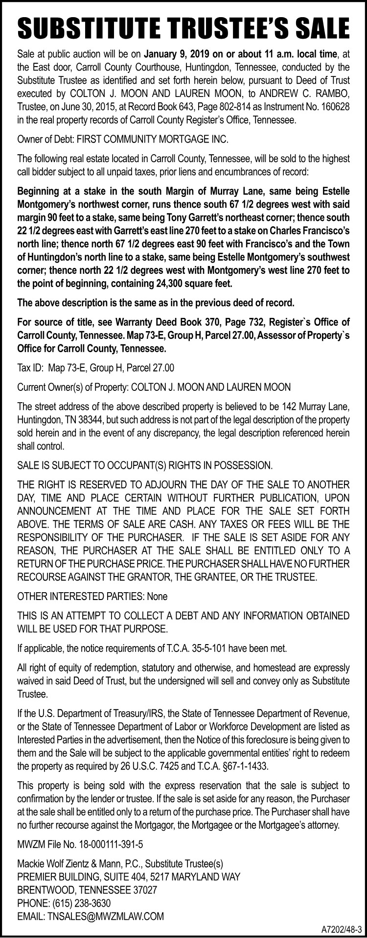 Notice of Substitute Trustee's Sale - MOON