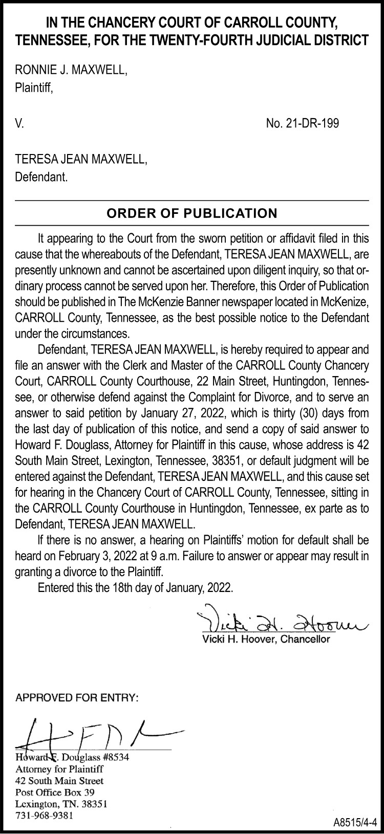 Order of Publication - MAXWELL