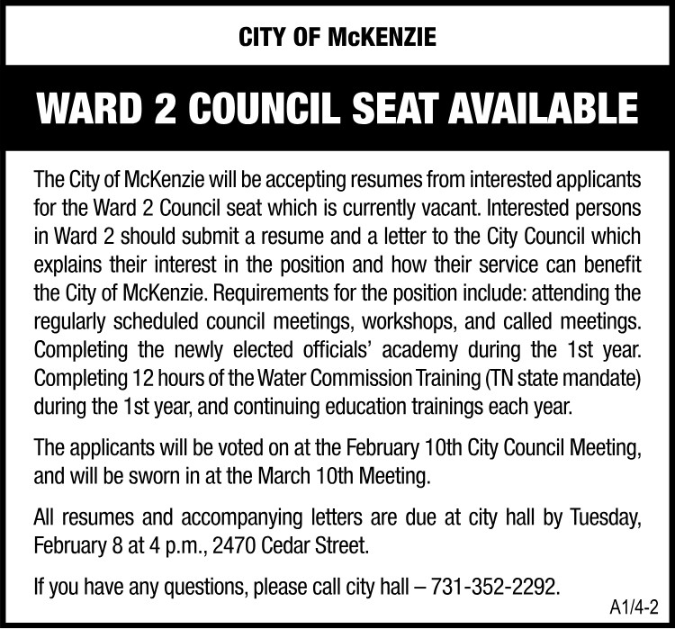 City of McKenzie - Ward 2 Council Seat Available