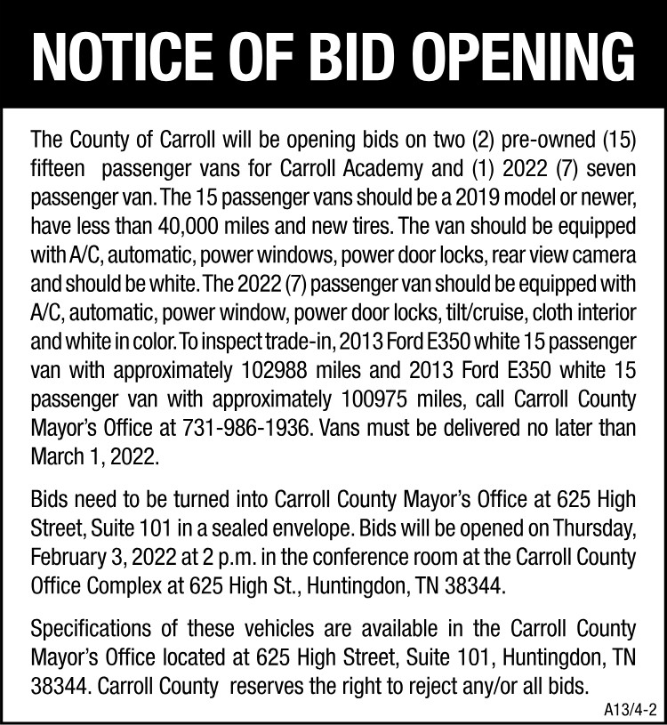 Notice of Bid Opening - Carroll Academy Van