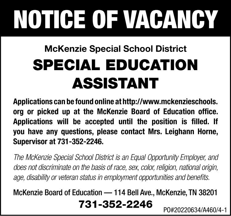 Notice of Vacancy - Special Education Assistant