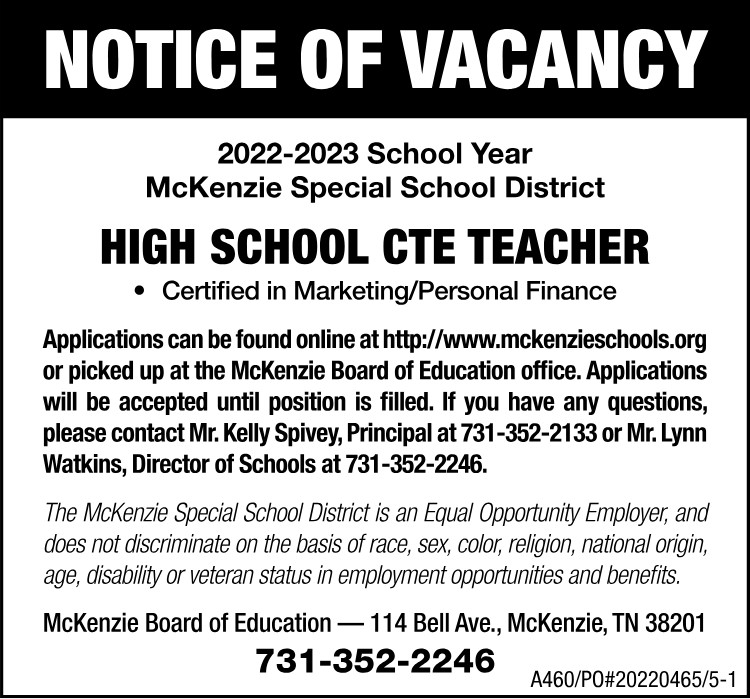 Notice of Vacancy - McKenzie High School CTE Teacher