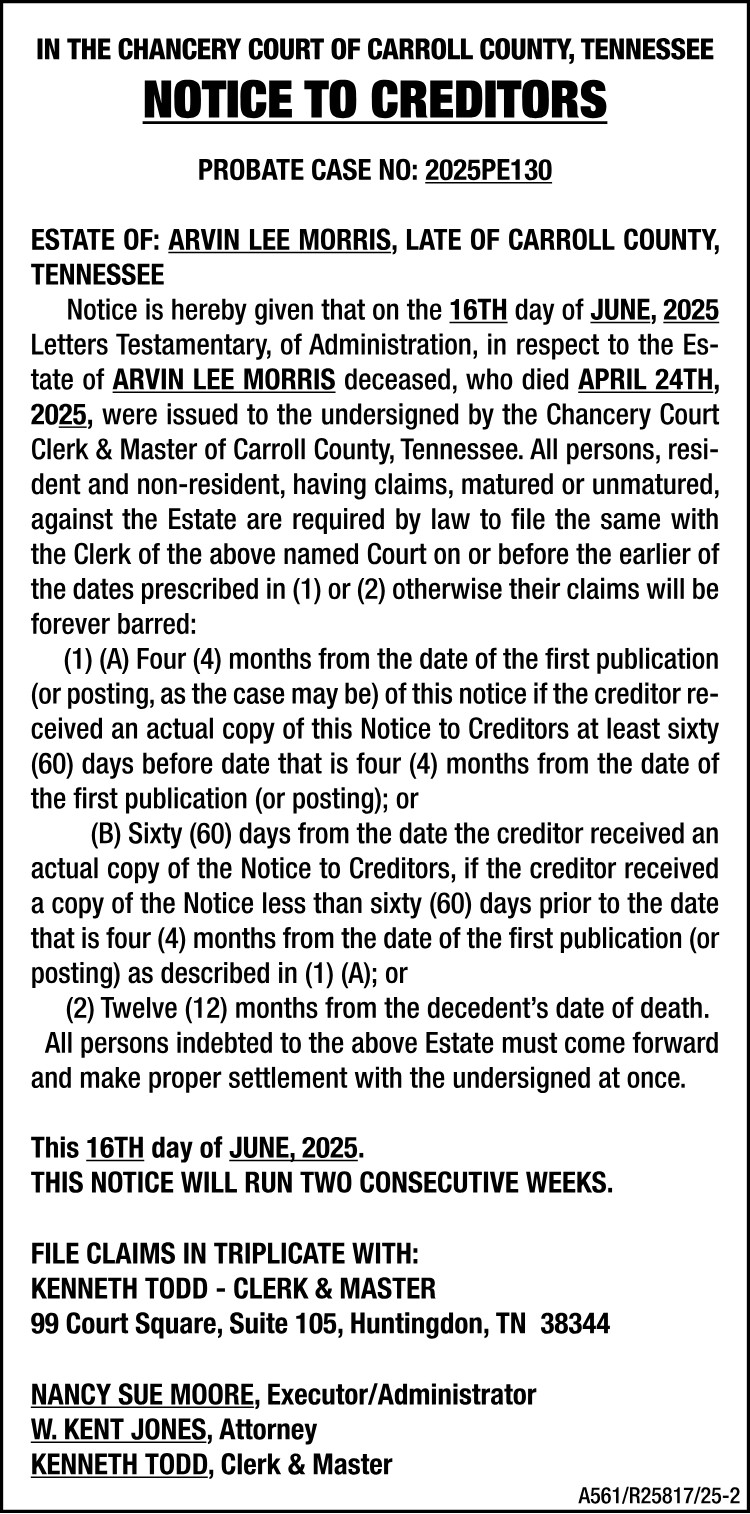 Notice to Creditors - MORRIS