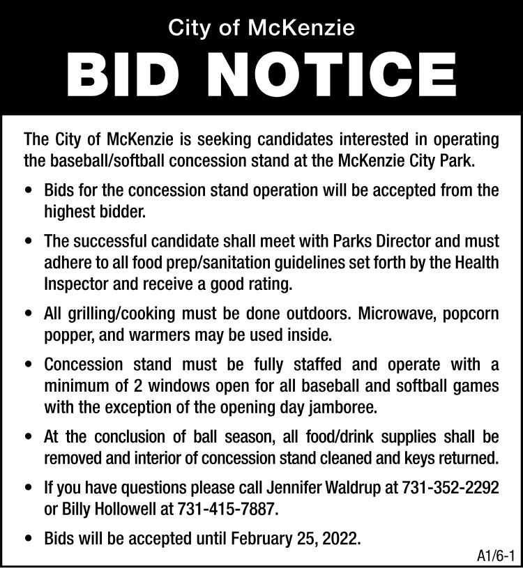 Bid Notice - City of McKenzie Concession Stand