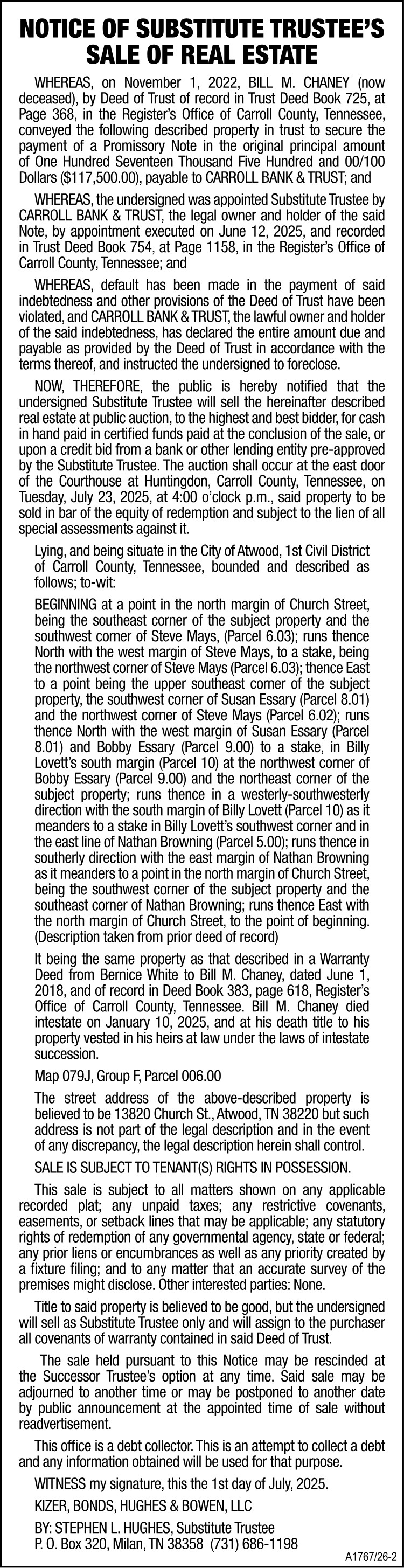 Notice of Trustees Sale of Real Estate - CHANEY