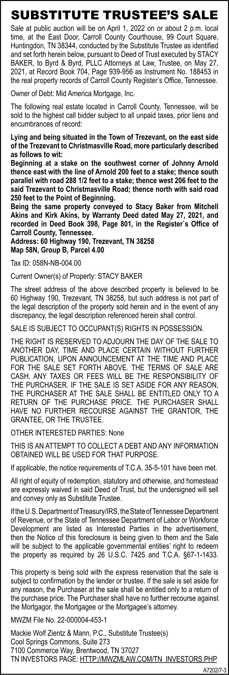 Substitute Trustee's Sale - BAKER