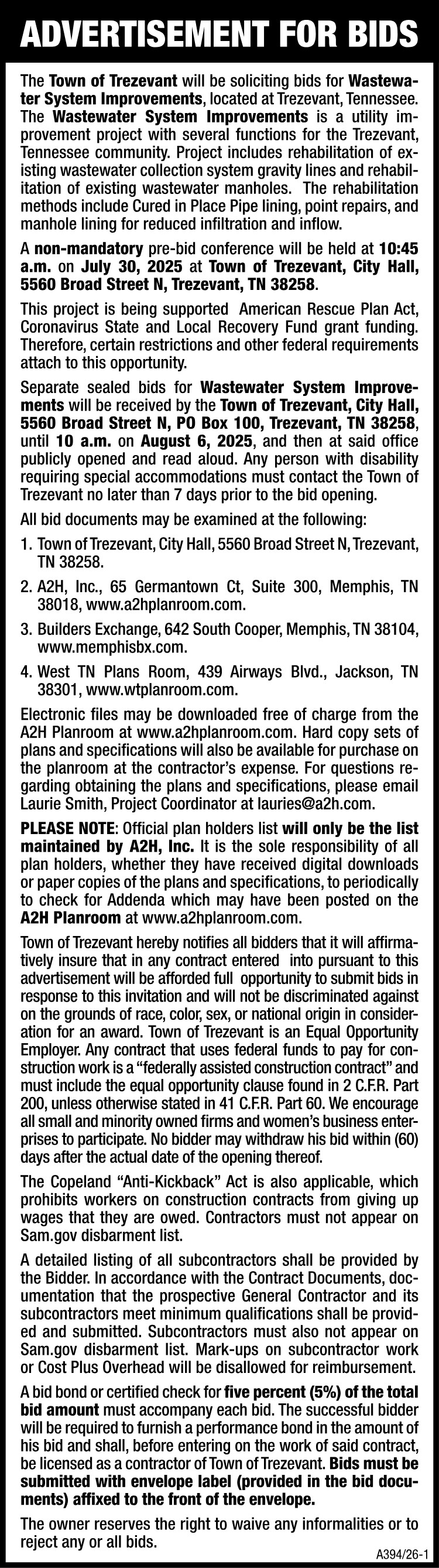 Advertisement for Bids - Wastewater System Improvements