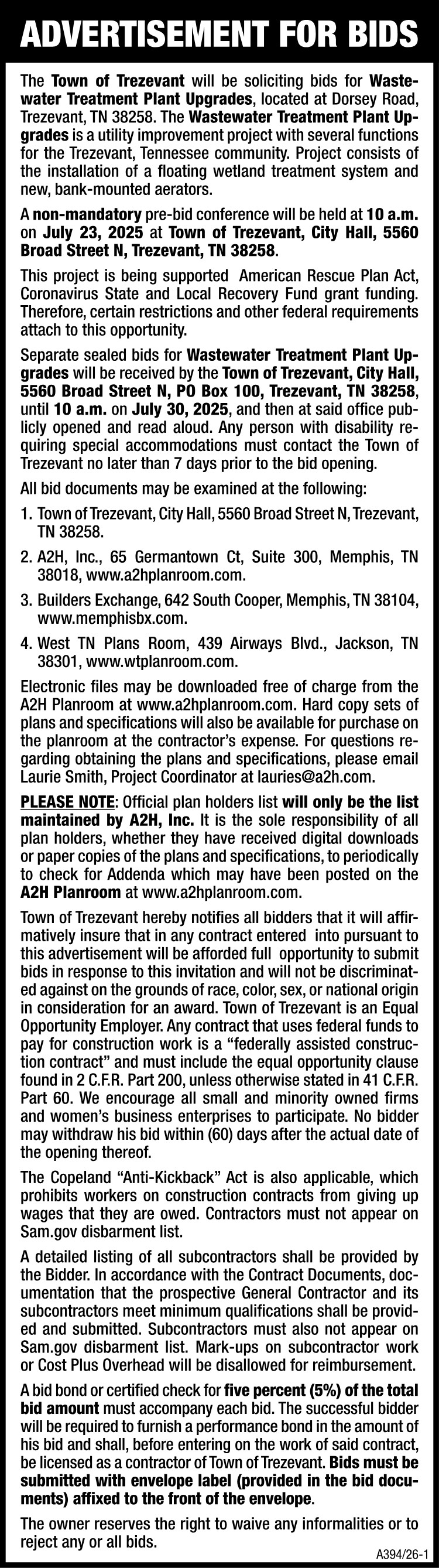 Advertisement for Bids - Wastewater Treatment Plant Upgrades
