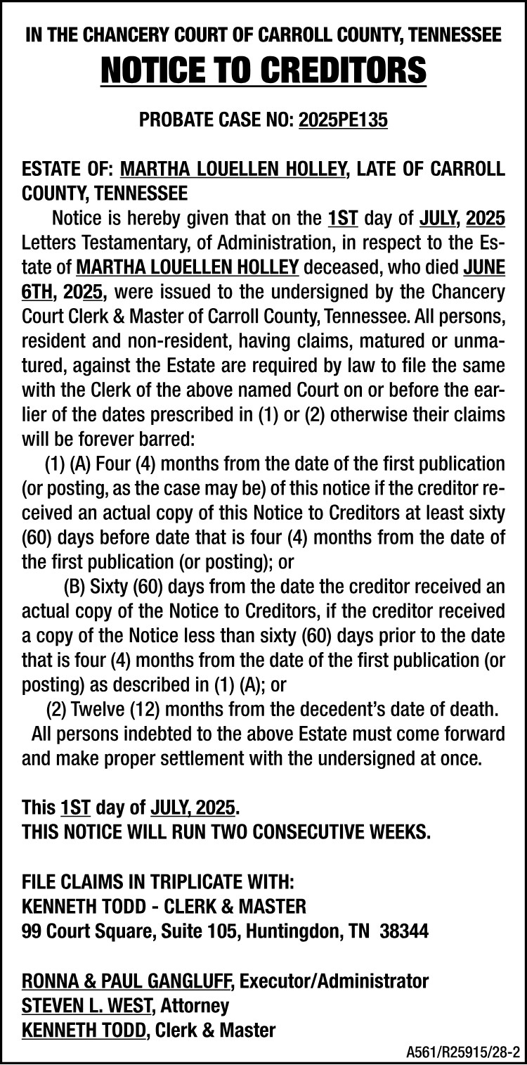 Notice to Creditors - HOLLEY