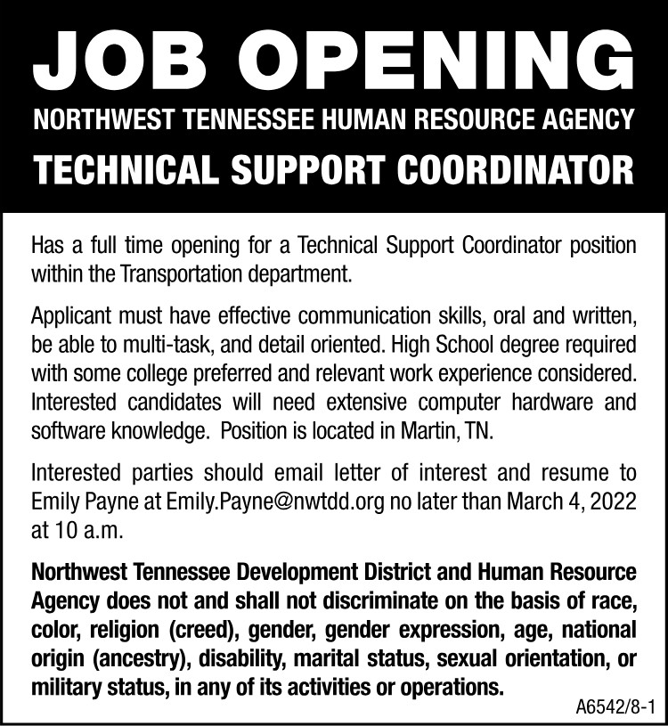 NWTN Human Resource Agency Hiring Technical Support Coordinator