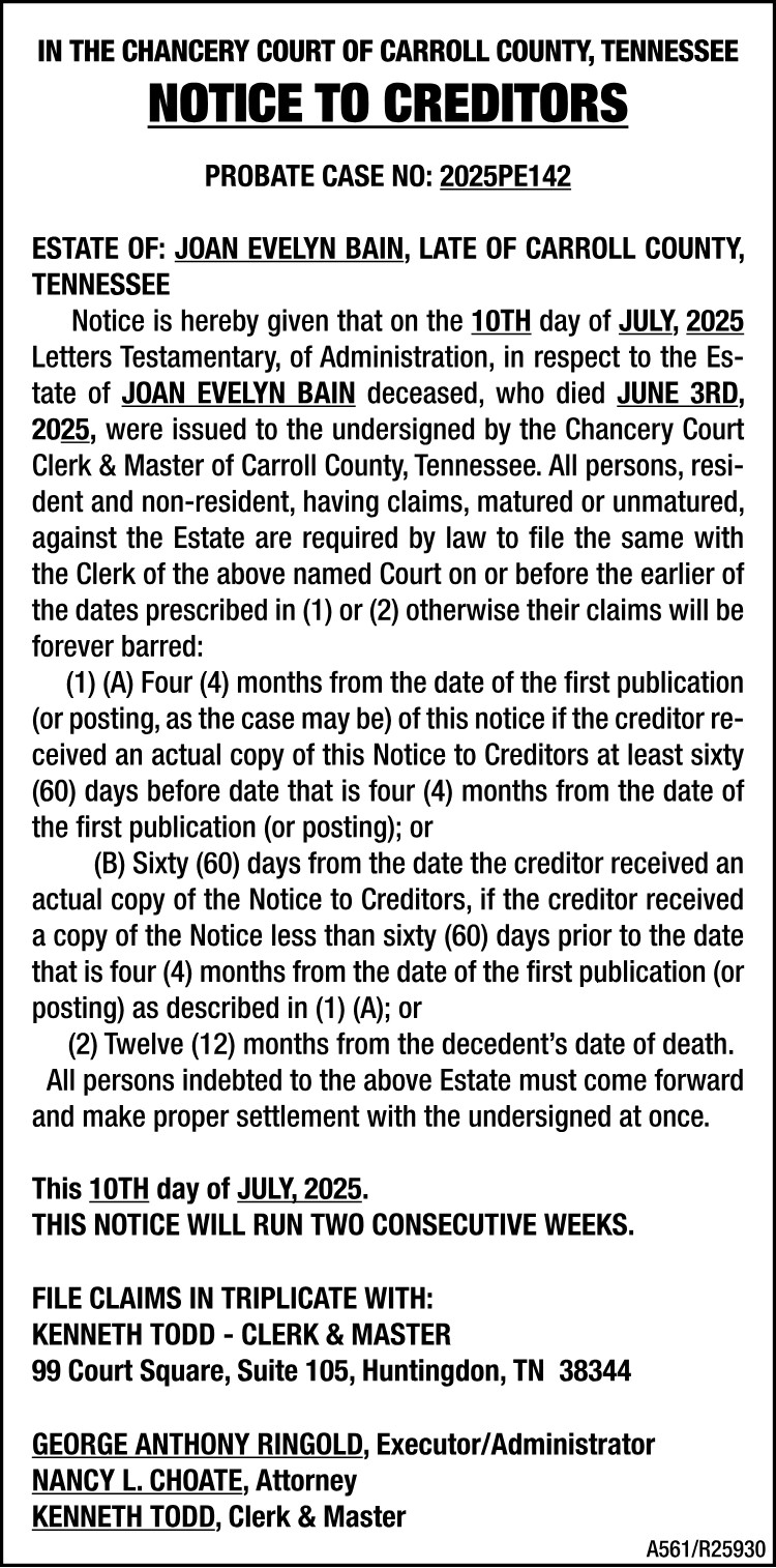 Notice to Creditors - BAIN