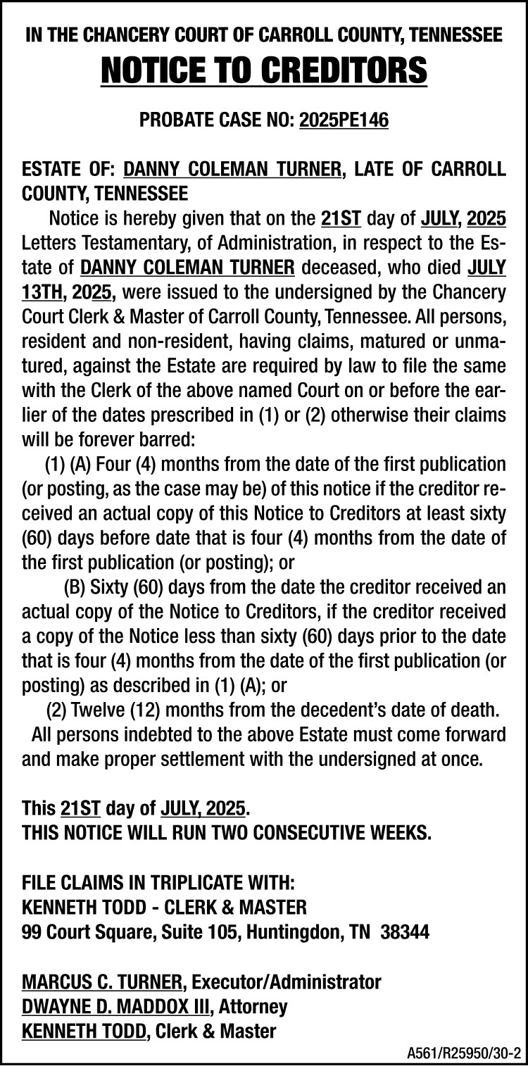 Notice to Creditors - TURNER