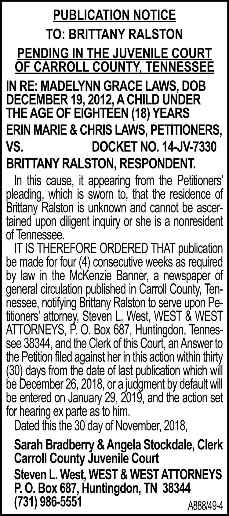 Notice of Publication - Brittany Ralston
