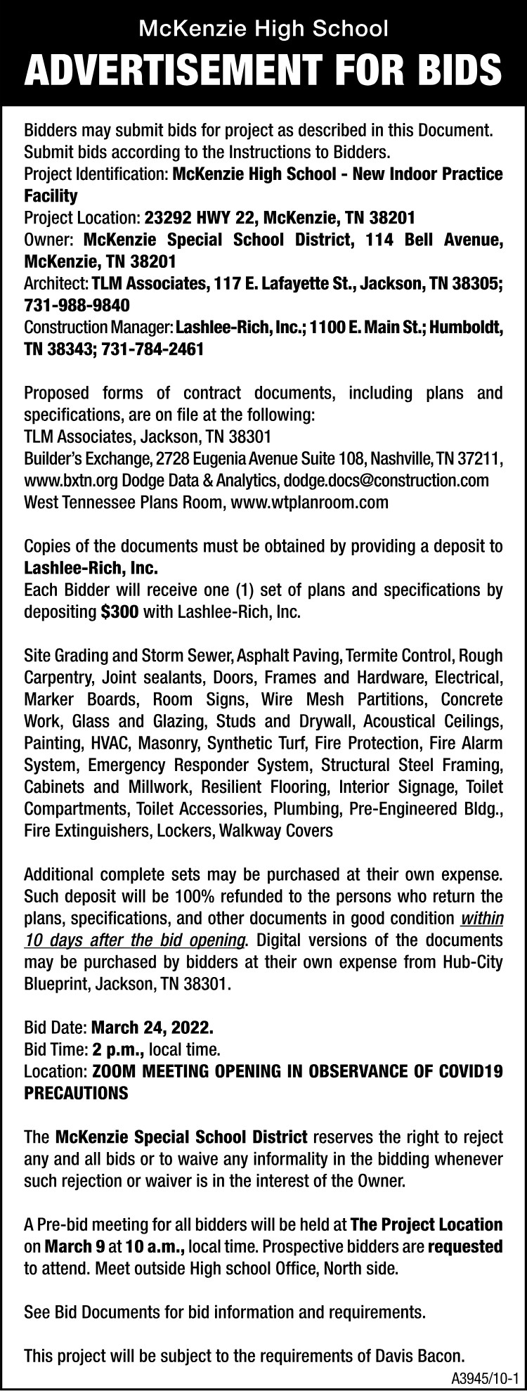 Advertisement for Bids - Indoor Practice Facility