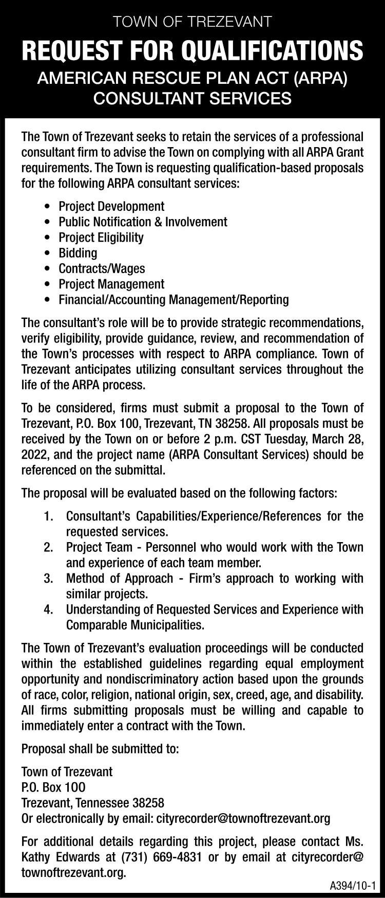 Town of Trezevant - Request ARPA Consultant Services