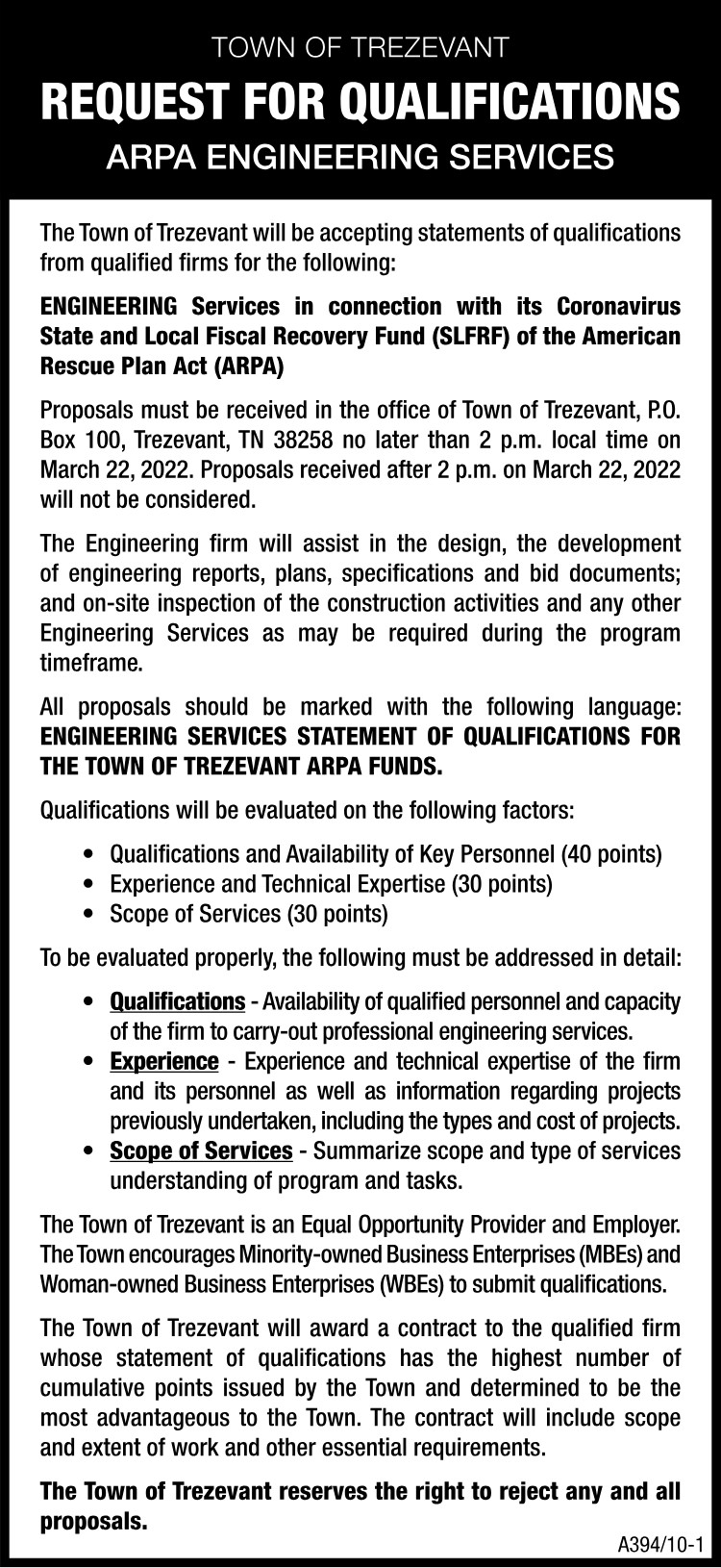 Town of Trezevant - Request ARPA Engineering Services