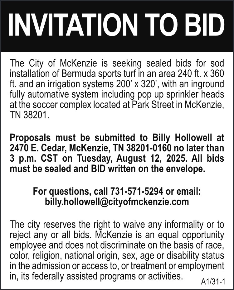 City of McKenzie Invitation to Bid - Soccer Turf