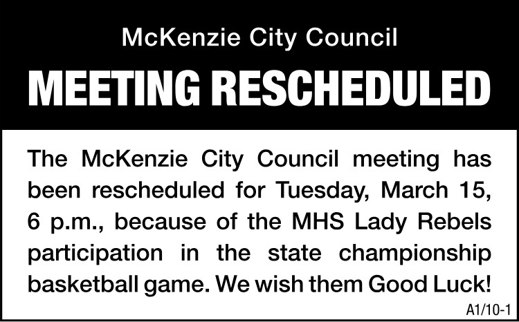 McKenzie City Council Meeting Rescheduled