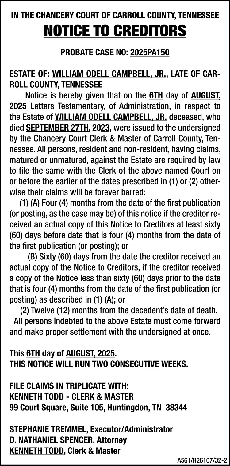 Notice to Creditors - CAMPBELL