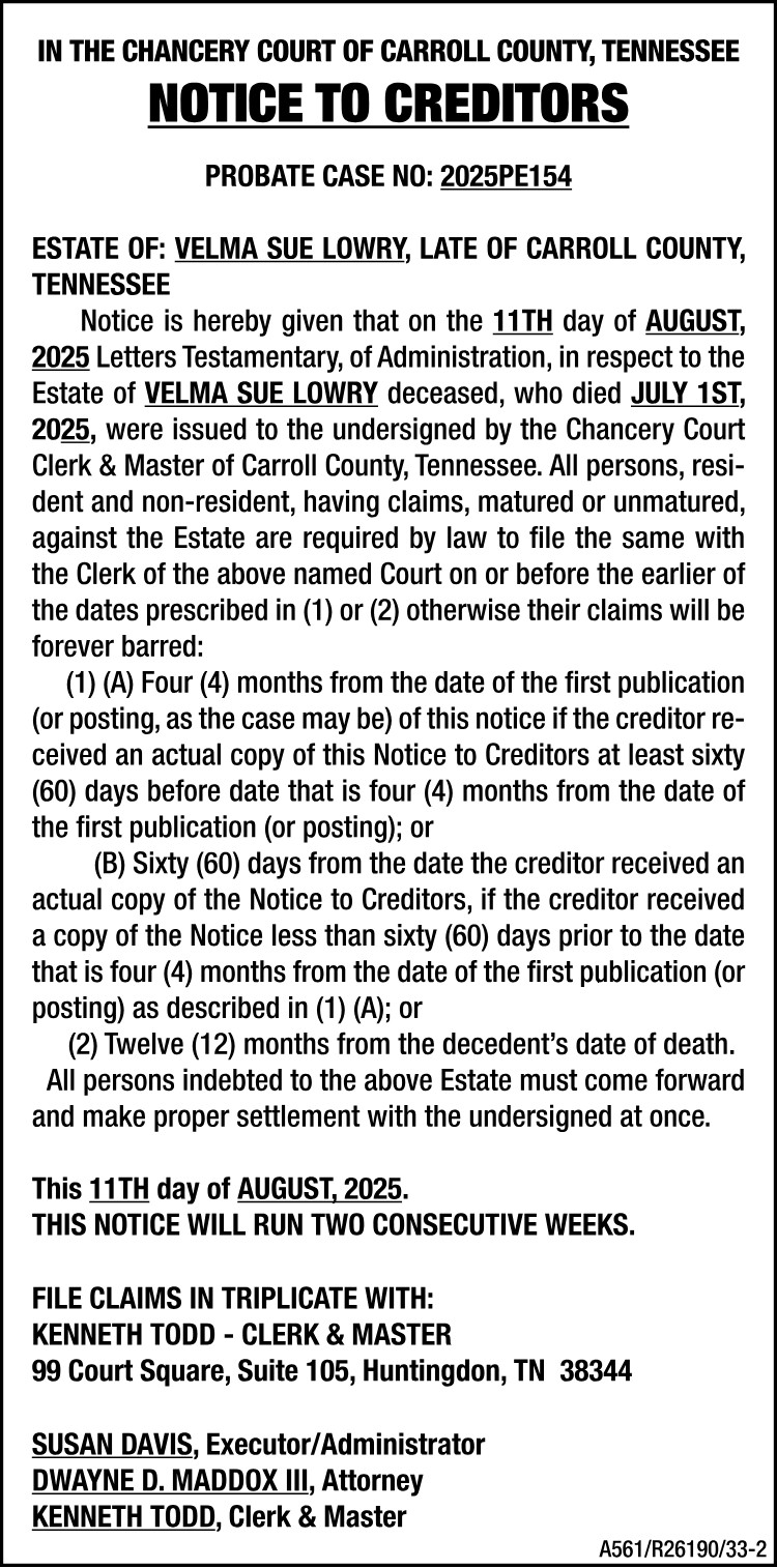 Notice to Creditors - LOWRY